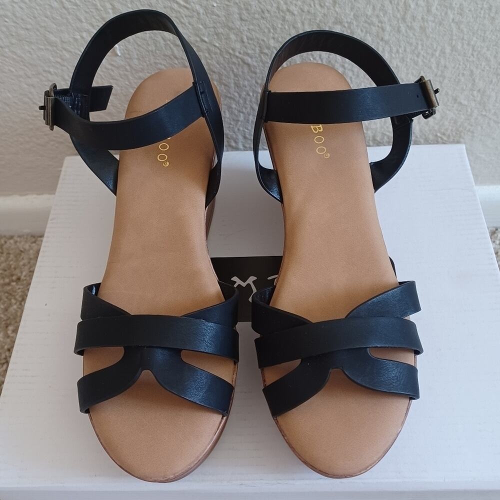 Bamboo Y2K Black Tan Wedge Sandals 6.5 EUC - Picture 5 of 9